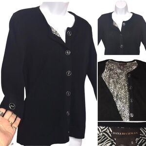 Dana Buchman Black Cardigan Sweater With Silky Zebra Print Lining